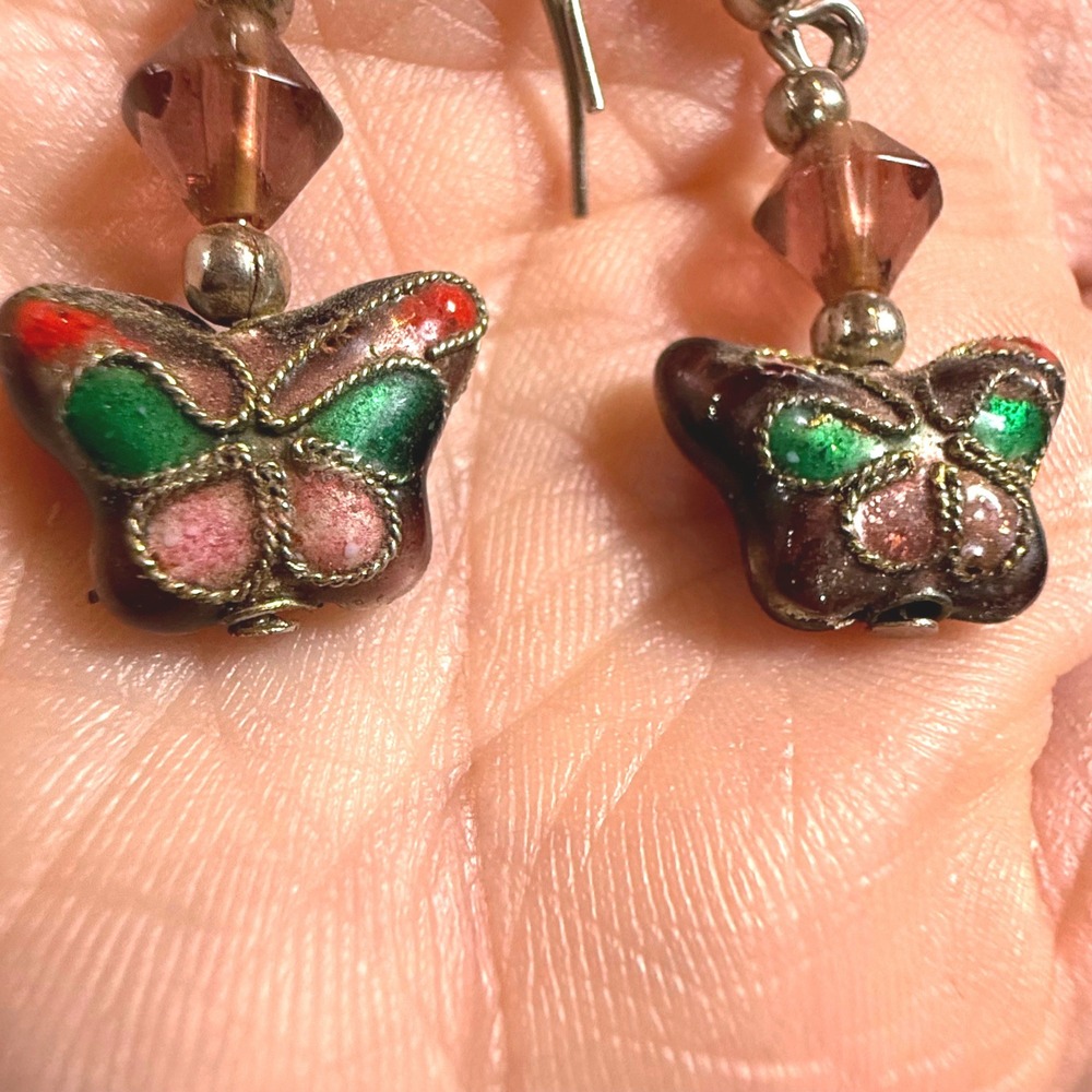 Vintage Cloisonne Butterfly Dangle Earrings Brown Green Enamel Boho Drop 1.5"